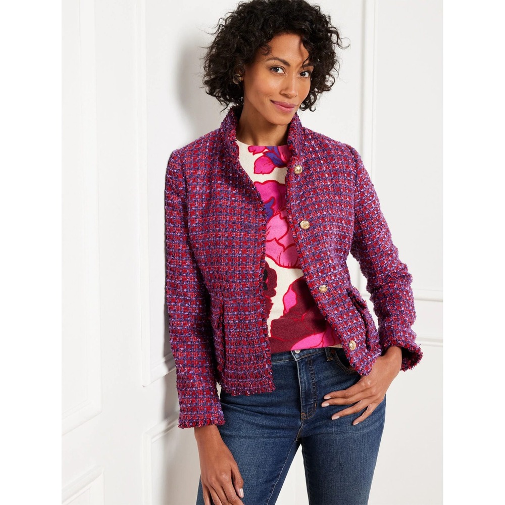 Talbots Womens Red Purple Tweed Blazer Jacket Gold Crest Buttons Fringed Size 16
